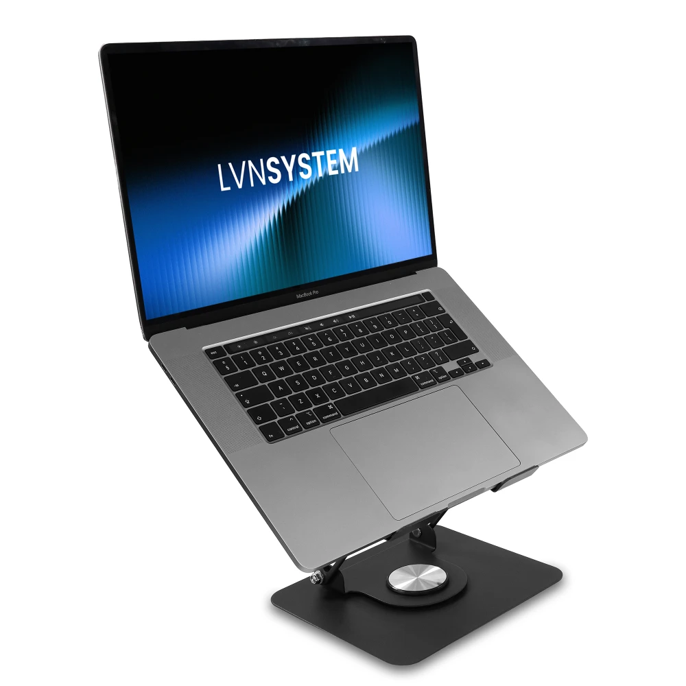 Laptop na podstawce Varia Flex z obrotową stopą, widok z przodu pod kątem