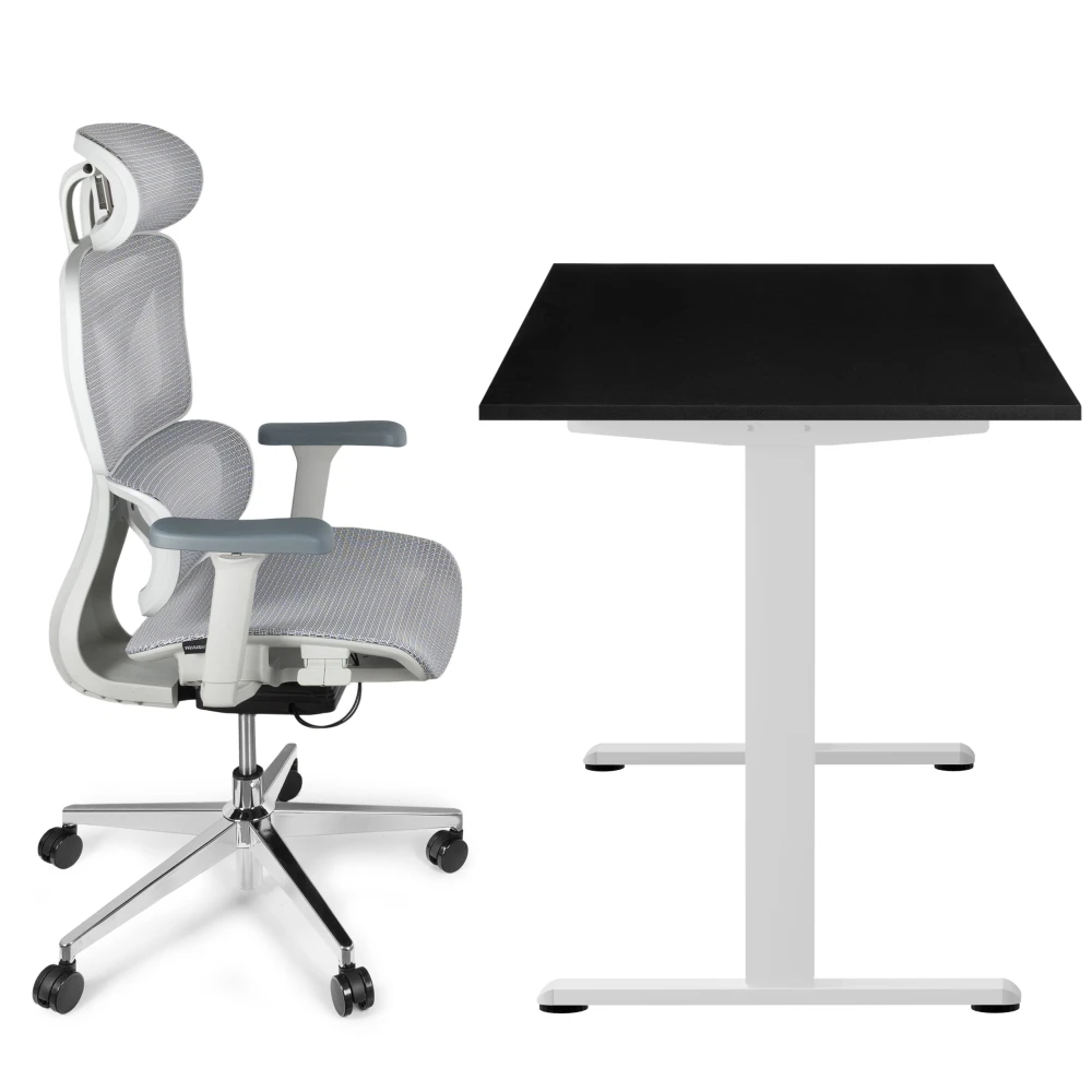 Zestaw biurko elektryczne z regulacją wysokości Control Pro biały czarny 138/67 i fotel ergonomiczny Control Pro biały – zdjęcie produktu