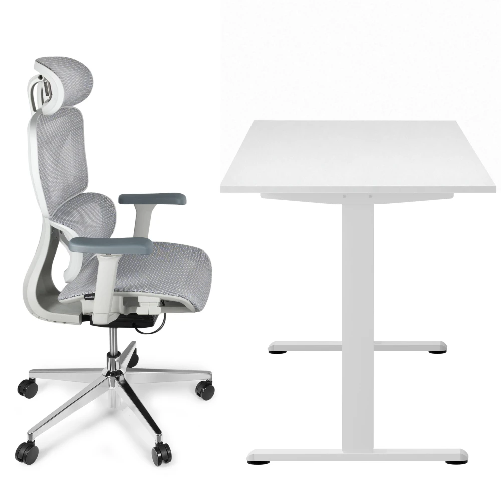 Zestaw biurko elektryczne z regulacją wysokości Control Pro biały 138/67 i fotel ergonomiczny Control Pro biały – zdjęcie produktu