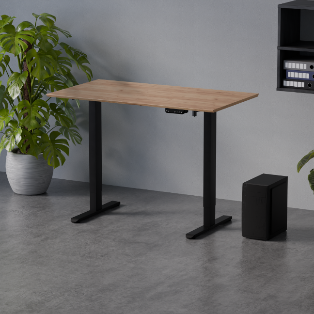 Zestaw biurko elektryczne z regulacją wysokości Flex+ czarny-dąb craft złoty 120/67 i fotel ergonomiczny Control Series czarny – w aranżacji wnętrza