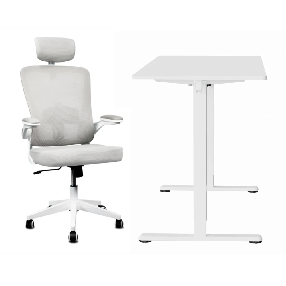 Zestaw biurko elektryczne z regulacją wysokości Control Lite biały 140/60 i fotel ergonomiczny Ergo Lite biały – zdjęcie produktu