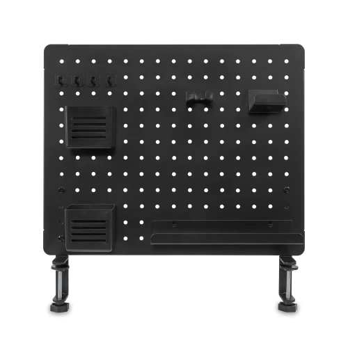 Pegboard PG1 czarny na biurko z hakami, pojemnikami i półką – widok z przodu
