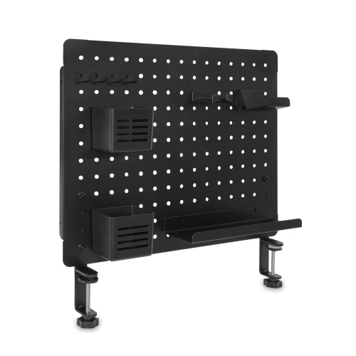 Czarny pegboard PG1 mocowany do blatu zaciskami – widok z boku