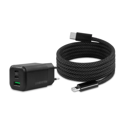 Zestaw: ładowarka GaN 65W i kabel magnetyczny USB-C – Lightning 27W 1m LVN System