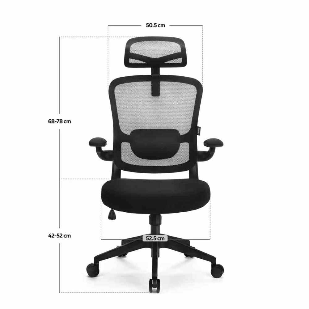 Wymiary Ergo Basic od przodu: siedzisko 42–52 cm, 68–78 cm do zagłówka, szerokość 52,5 cm