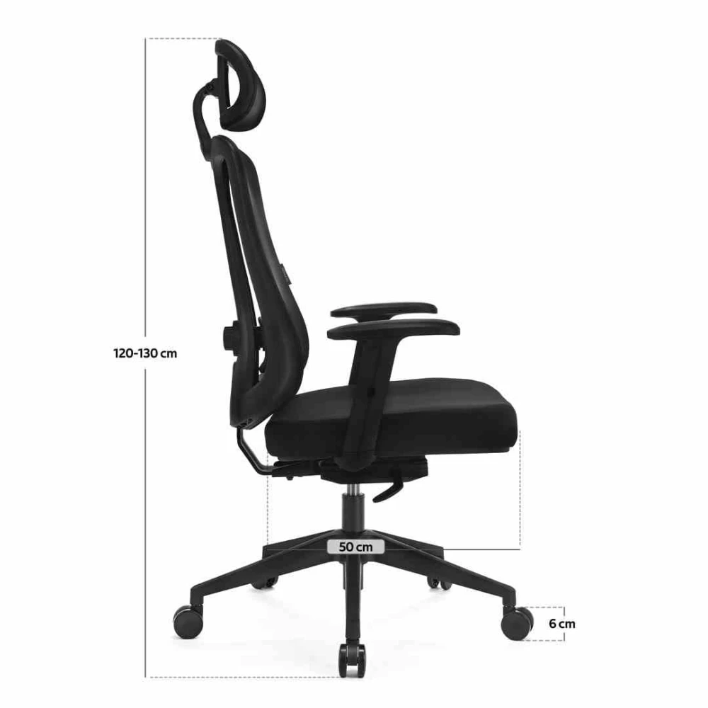 Wymiary Ergo Essential z boku: wysokość 120–130 cm, głębokość siedziska 50 cm, kółka 6 cm