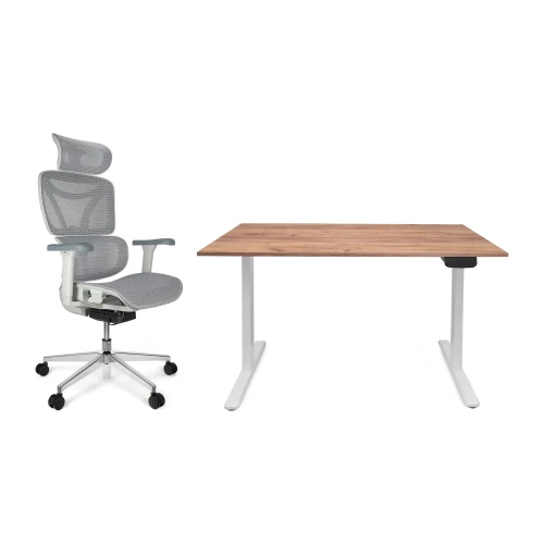 Zestaw biurko Control Pro 138 × 67 cm – stelaż biały, blat dąb craft złoty – i fotelem Control Pro białym