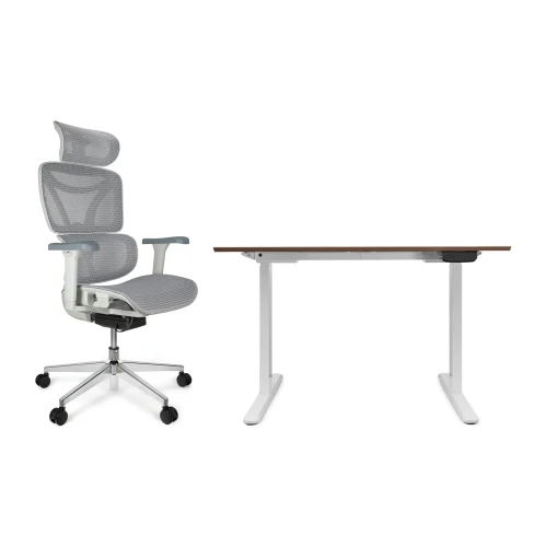 Zestaw biurko Control Pro 120 × 67 cm – stelaż biały, blat dąb craft złoty – i fotelem Control Pro białym