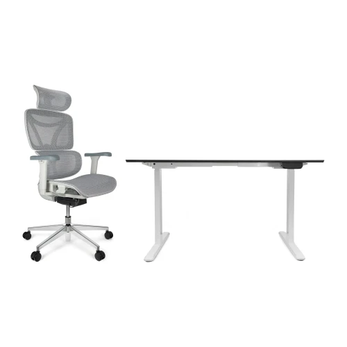 Zestaw biurko Control Pro 138 × 67 cm – stelaż biały, blat czarny – i fotelem Control Pro białym