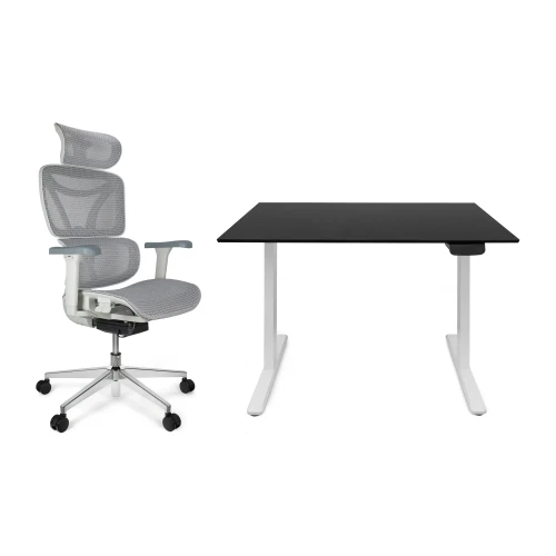 Zestaw biurko Control Pro 120 × 67 cm – stelaż biały, blat czarny – i fotelem Control Pro białym