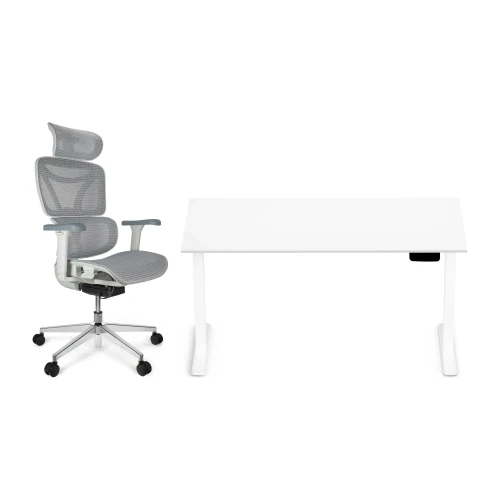 Zestaw biurko Control Pro 138 × 67 cm – stelaż biały, blat biały – i fotelem Control Pro białym