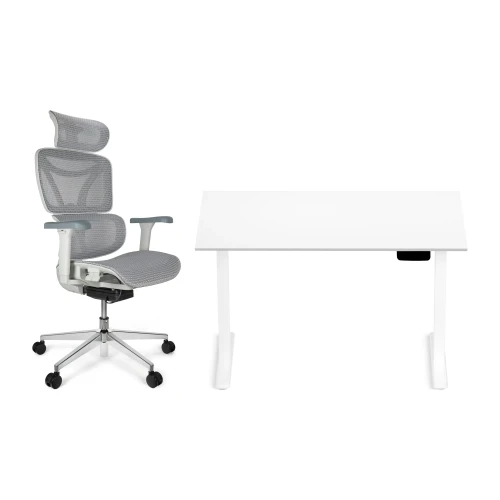 Zestaw biurko Control Pro 120 × 67 cm – stelaż biały, blat biały – i fotelem Control Pro białym