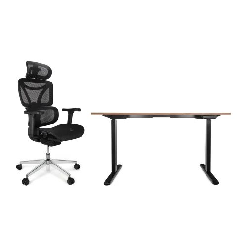 Zestaw biurko Control Pro 138 × 67 cm – stelaż czarny, blat dąb craft złoty – i fotelem Control Pro czarnym