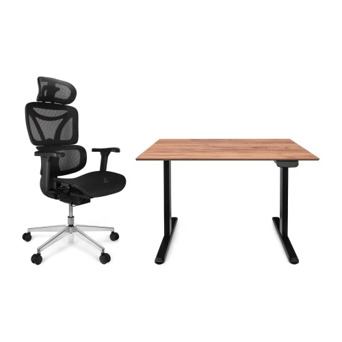 Zestaw biurko Control Pro 120 × 67 cm – stelaż czarny, blat dąb craft złoty – i fotelem Control Pro czarnym