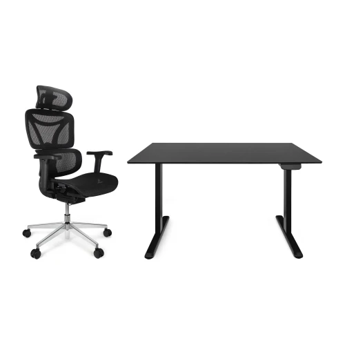 Zestaw biurko Control Pro 138 × 67 cm – stelaż czarny, blat czarny – i fotelem Control Pro czarnym