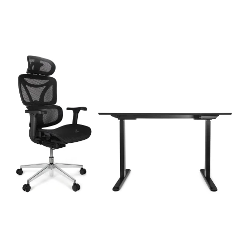 Zestaw biurko Control Pro 120 × 67 cm – stelaż czarny, blat czarny – i fotelem Control Pro czarnym