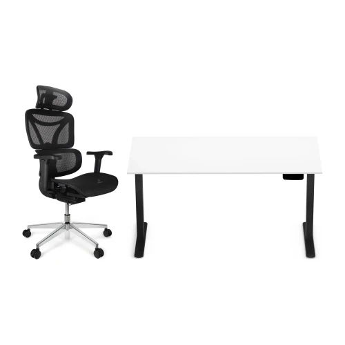 Zestaw biurko Control Pro 138 × 67 cm – stelaż czarny, blat biały – i fotelem Control Pro czarnym