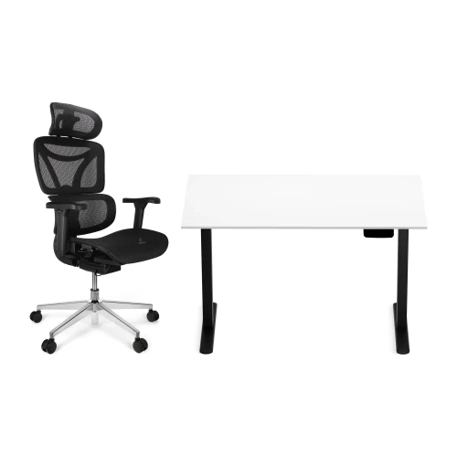 Zestaw biurko Control Pro 120 × 67 cm – stelaż czarny, blat biały – i fotelem Control Pro czarnym