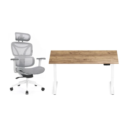 Zestaw biurko Control Flex+ 138 × 67 cm – stelaż biały, blat dąb craft złoty – i fotelem Control Series białym