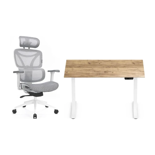 Zestaw biurko Control Flex+ 120 × 67 cm – stelaż biały, blat dąb craft złoty – i fotelem Control Series białym