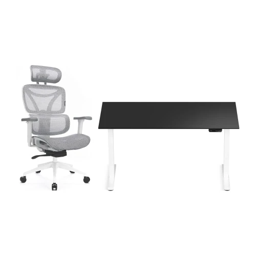 Zestaw biurko Control Flex+ 138 × 67 cm – stelaż biały, blat czarny – i fotelem Control Series białym