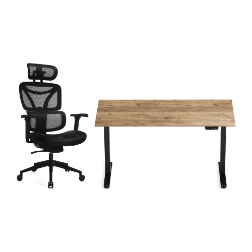 Zestaw biurko Control Flex+ 138 × 67 cm – stelaż czarny, blat dąb craft złoty – i fotelem Control Series czarnym