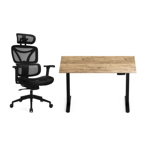 Zestaw biurko Control Flex+ 120 × 67 cm – stelaż czarny, blat dąb craft złoty – i fotelem Control Series czarnym
