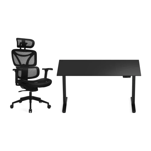 Zestaw biurko Control Flex+ 138 × 67 cm – stelaż czarny, blat czarny – i fotelem Control Series czarnym