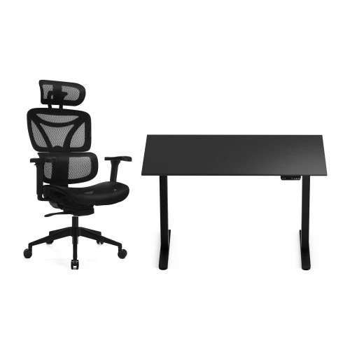 Zestaw biurko Control Flex+ 120 × 67 cm – stelaż czarny, blat czarny – i fotelem Control Series czarnym