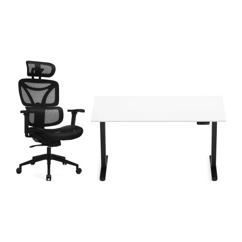 Zestaw biurko Control Flex+ 138 × 67 cm – stelaż czarny, blat biały – i fotelem Control Series czarnym
