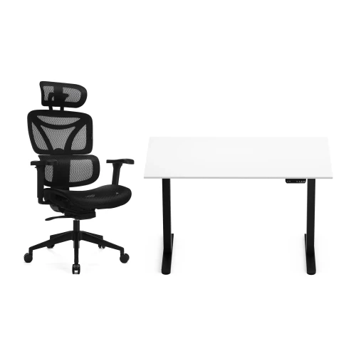 Zestaw biurko Control Flex+ 120 × 67 cm – stelaż czarny, blat biały – i fotelem Control Series czarnym