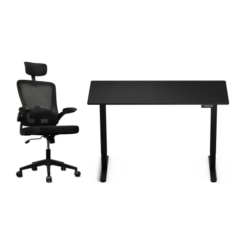 Zestaw biurko Control Lite 140 × 60 cm – stelaż czarny, blat czarny – i fotelem Ergo Lite czarnym