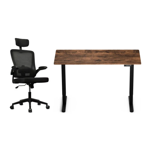 Zestaw biurko Control Lite 140 × 60 cm – stelaż czarny, blat dąb rustykalny – i fotelem Ergo Lite czarnym