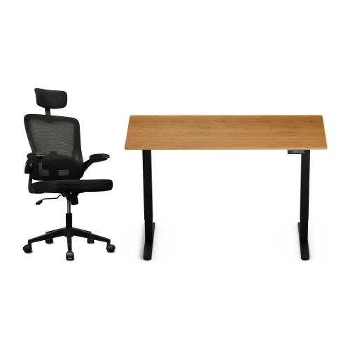Zestaw biurko Control Lite 140 × 60 cm – stelaż czarny, blat dąb złoty – i fotelem Ergo Lite czarnym
