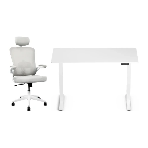 Zestaw biurko Control Lite 140 × 60 cm – stelaż biały, blat biały – i fotelem Ergo Lite białym