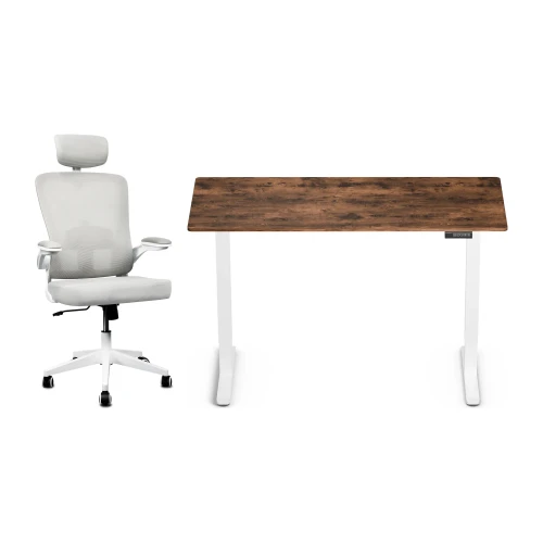 Zestaw biurko Control Lite 140 × 60 cm – stelaż biały, blat dąb rustykalny – i fotelem Ergo Lite białym