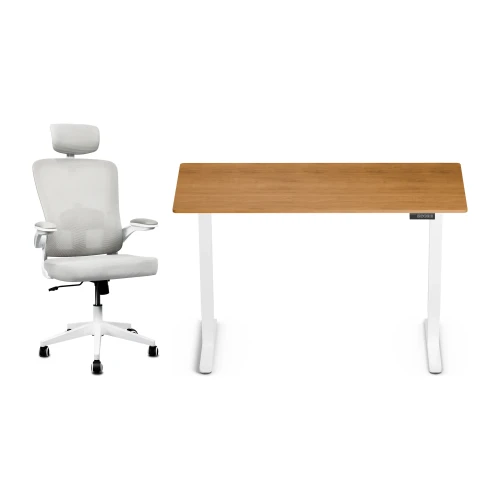 Zestaw biurko Control Lite 140 × 60 cm – stelaż biały, blat dąb złoty – i fotelem Ergo Lite białym