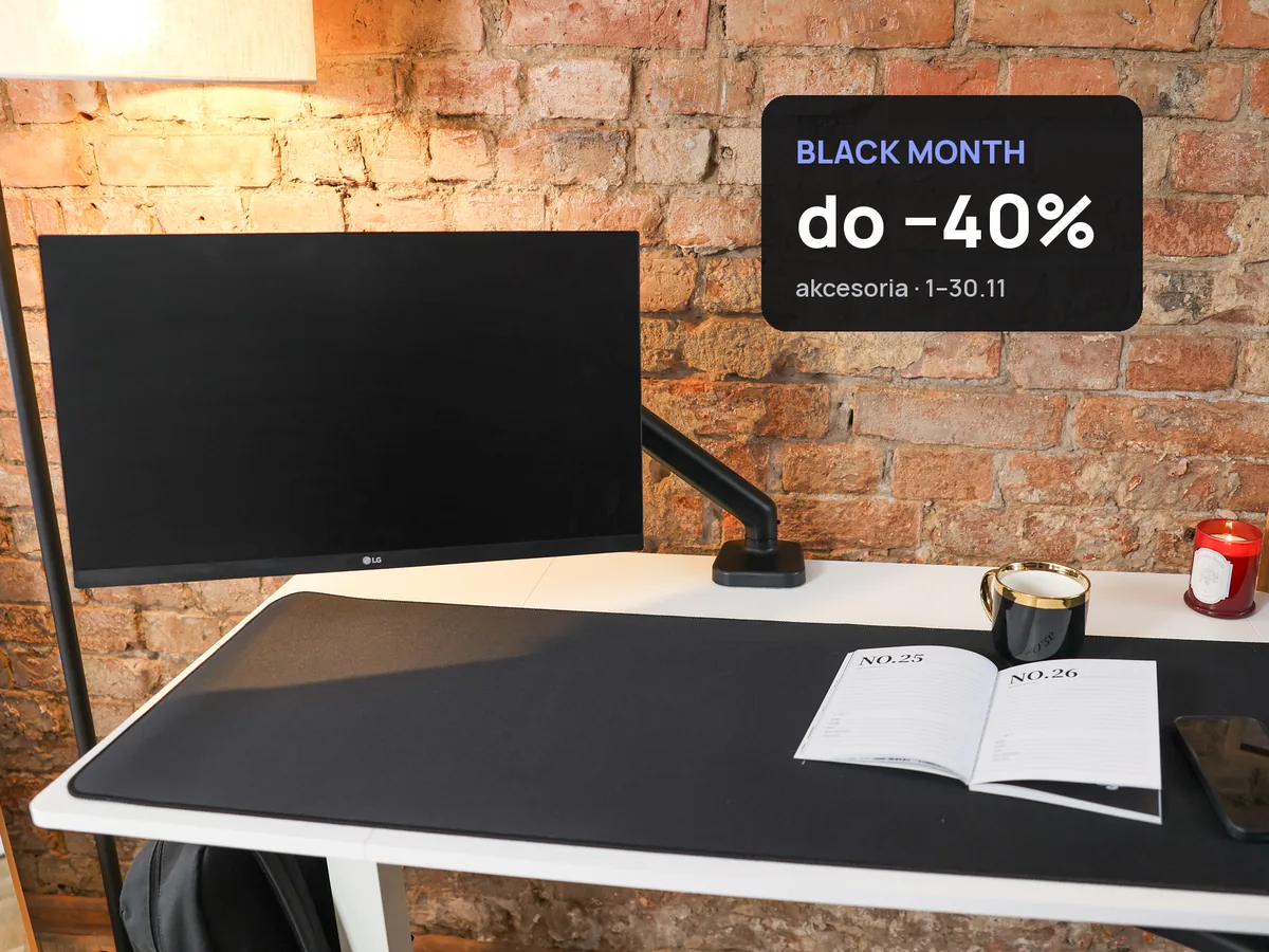 Podkładka na biurko i monitor na uchwycie na białym biurku regulowanym, akcesoria do 40% taniej w Black Month 2026 w LVN System